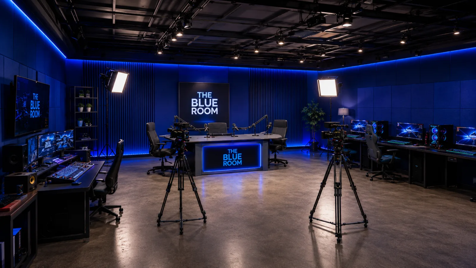 Blue Room : vue d'ensemble du studio avec caméras et éclairage d'ambiance