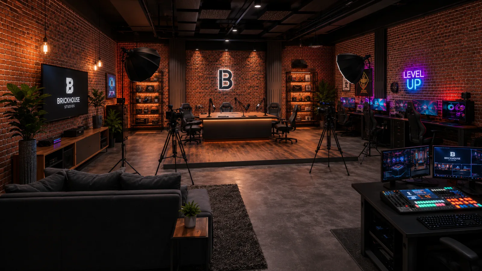 Brique Room : plateau podcast avec mur en briques apparentes, bureau de présentation et caméras sur pied