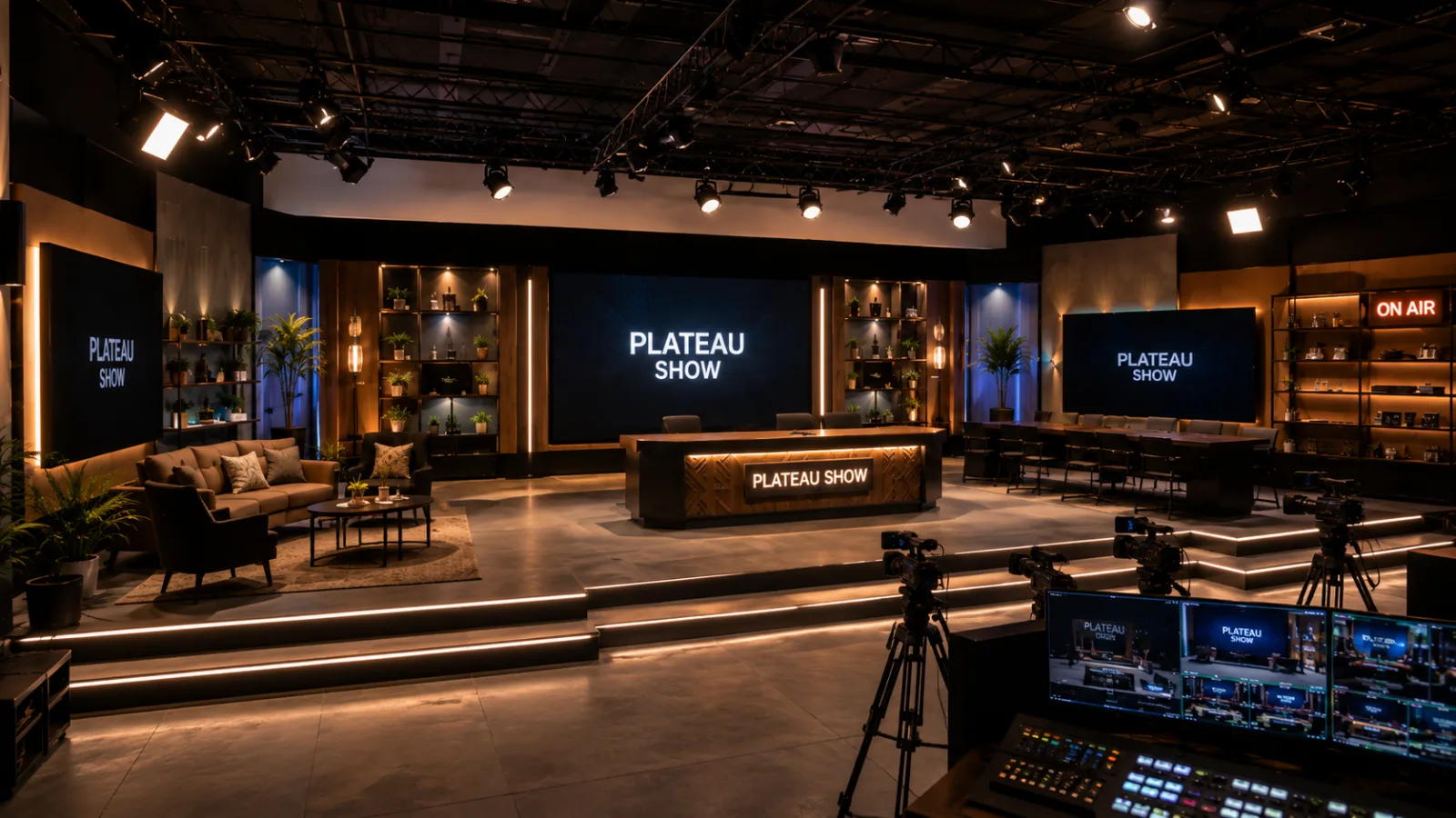 Plateau Show : plateau vu depuis la régie, avec espace salon et table de réunion