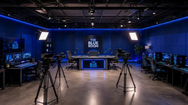 Blue Room : plateau immersif à dominante bleue avec table de tournage ovale et caméras sur pied