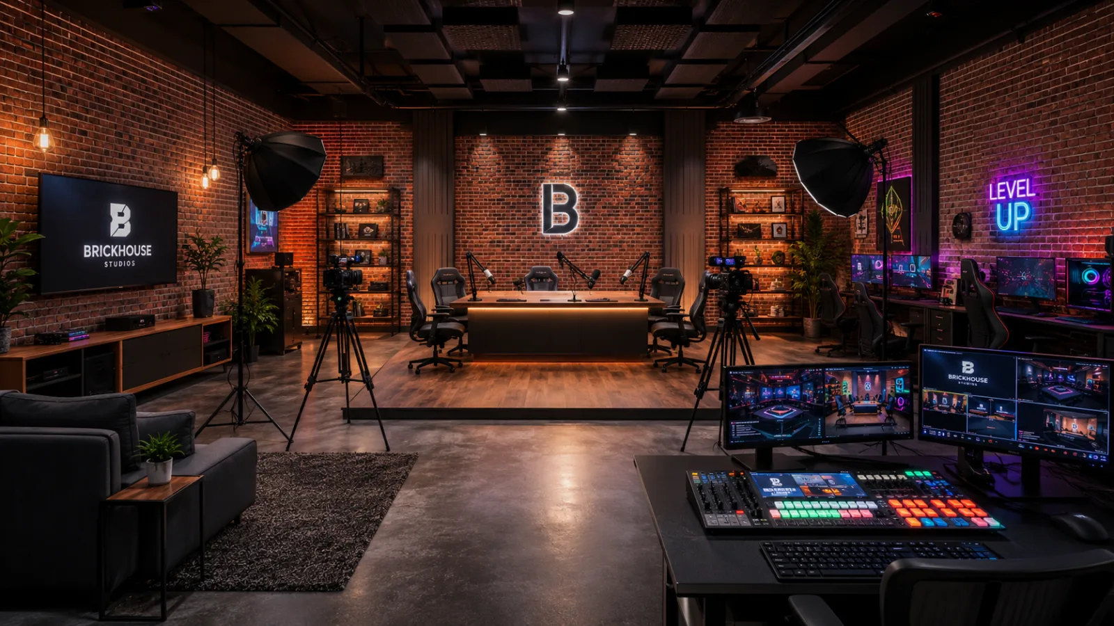Brique Room : vue d'ensemble avec régie technique et espace lounge