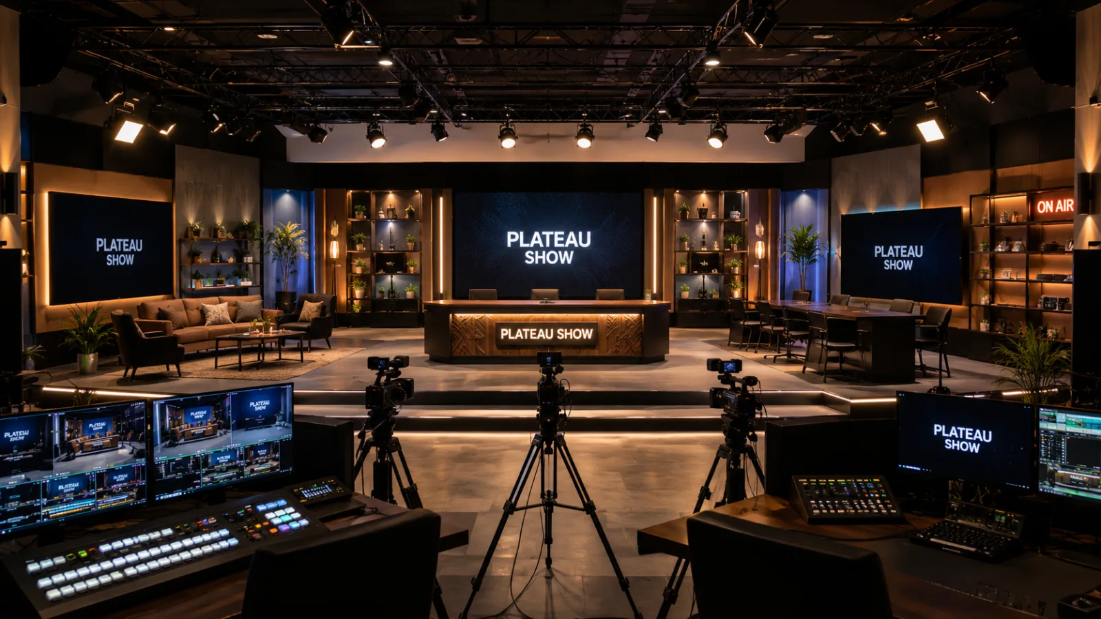Plateau Show : plateau broadcast avec espace salon, bureau de présentation et régie multicaméra